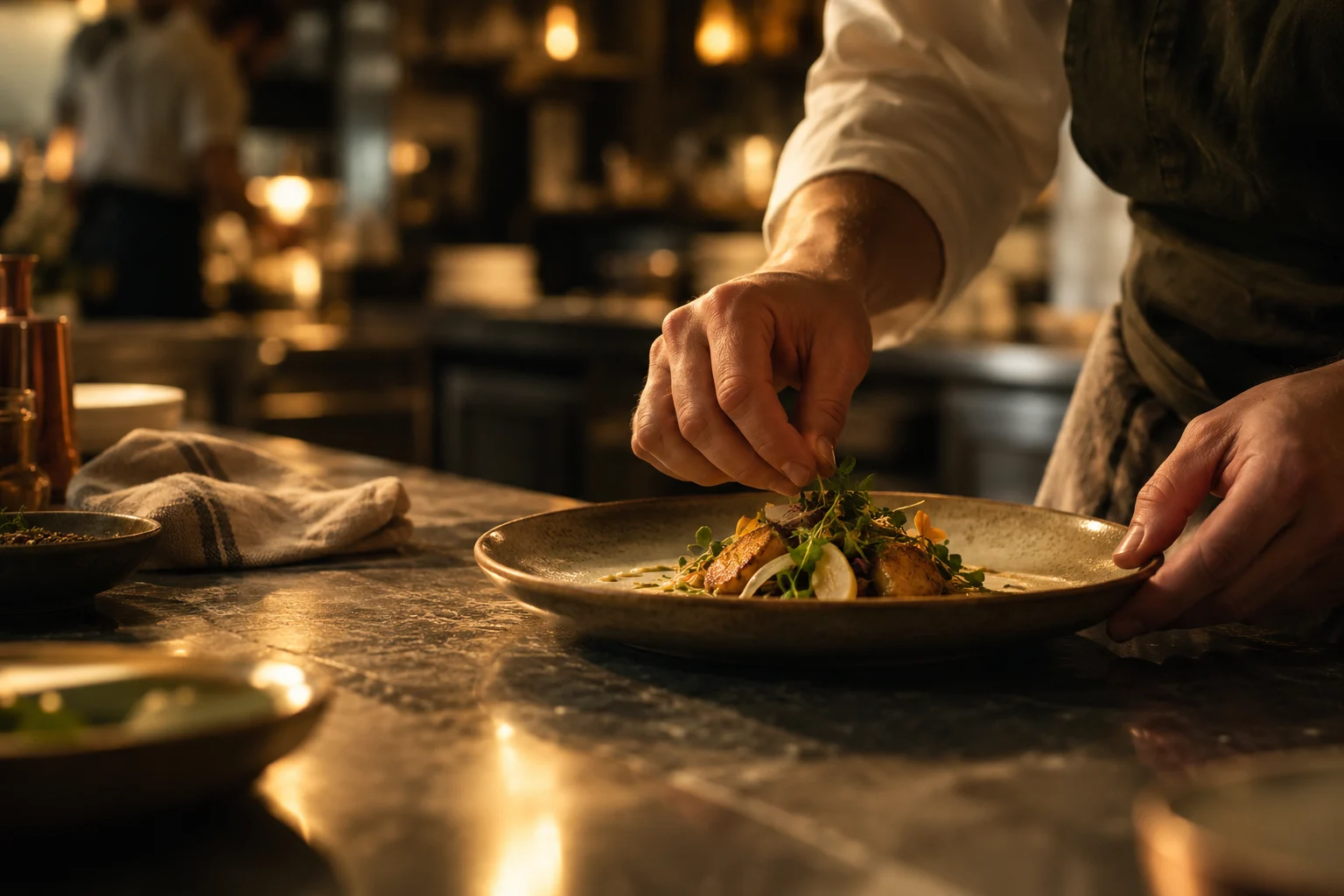 A chef carefully finishing a dish in a warm restaurant kitchen